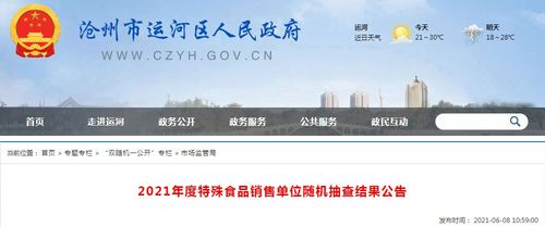 河北省沧州市运河区发布2021年度特殊食品销售单位随机抽查结果
