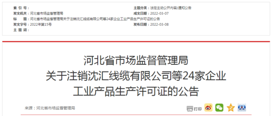 河北省市场监督管理局注销24家企业工业产品生产许可证